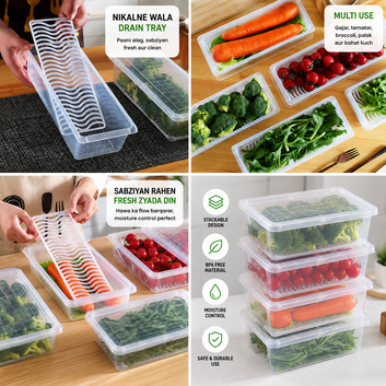 Fresh Keep Fridge Storage Box with Drain Tray | Vegetable & Fruit Organizer Container